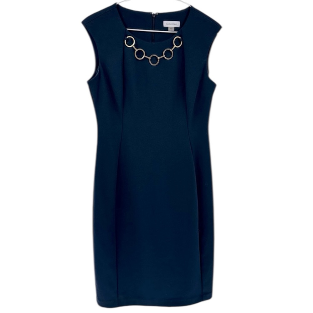 Calvin Klein Blue Dress With Metallic Gold Chain Statement Necklace Size 6